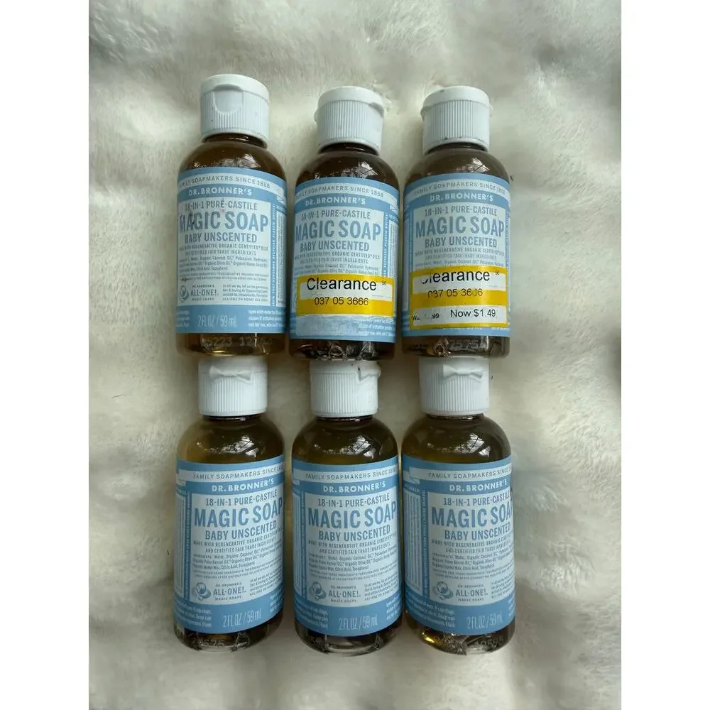 Lot of 6 Dr. Bronner’s Baby Unscented Pure-Castile Magic Soap 2 oz Travel Size